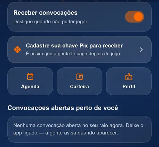 Tela do app do goleiro: receber convocações, chave Pix, agenda, carteira e perfil