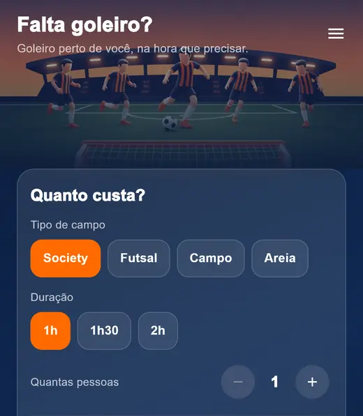 Tela do app Goleiro Já: Falta goleiro? com a escolha do tipo de campo e da duração