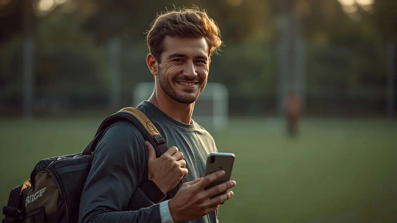 Goleiro sorrindo com a mochila no ombro e o celular na mão, no campo